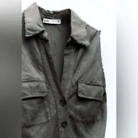 New ZARA LINEN SHIRTDRESS size XS S long Midi 100% linen Sleeveless V-neck dress - Picture 6 of 16